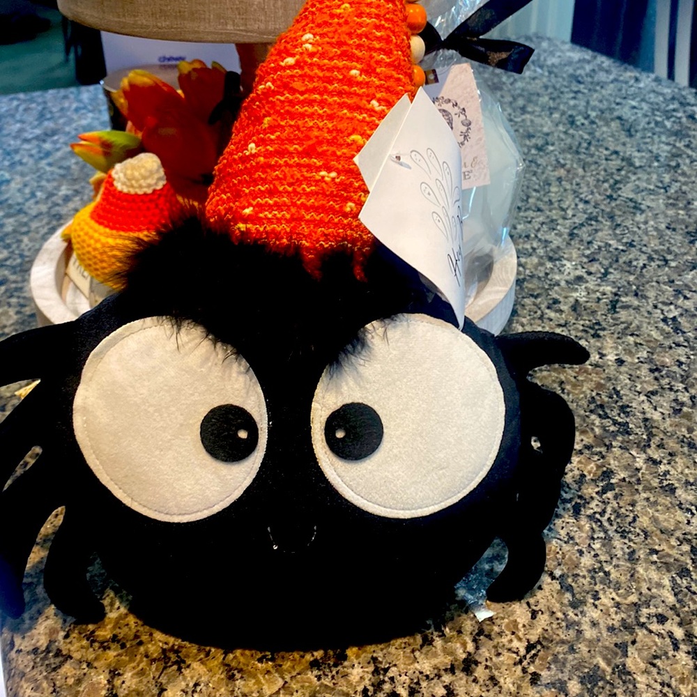 Hey Boo Halloween Spider w/hat feather detail. Beanbag Bottom! Adorable Decor!